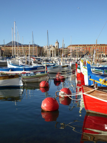 Farbenfrohe Boote im Hafen von Nizza (1) (hochkant)